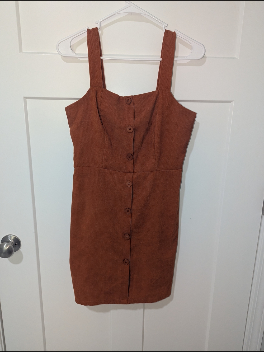 SHEIN Rust Brown Corduroy Button-Front Square Neck Mini Dress